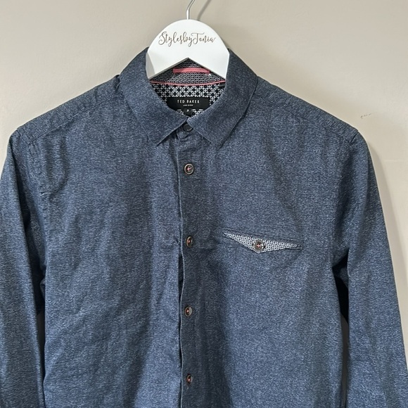 Ted Baker London Mens Long Sleeve Button Down Dress Shirt Denim Blue Sz 3 Medium - Picture 2 of 16